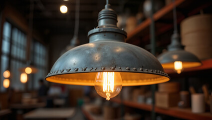 Vintage Industrial Lamp in a Cozy Workshop Setting