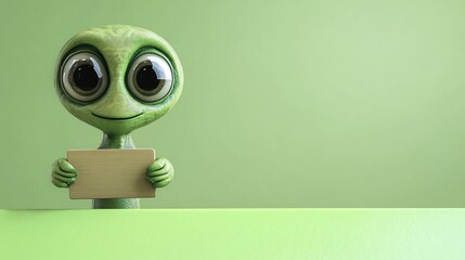 Fototapeta premium A cute, green alien with big eyes holding a blank sign against a green background.