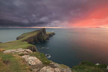 Neist point lighthouse sunset at Skye Island, Scotland