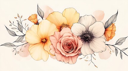 Artistic bouquet of rose, peony, and daffodil drawn in fine black lines, accented by muted pink and gold gradients, minimalist style with a soft off-white backdrop, hd quality. --ar 16:9