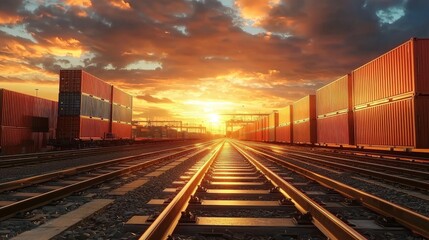 Obraz premium A stunning sunset casts a warm glow over railway tracks lined with cargo containers, creating a picturesque industrial scene.