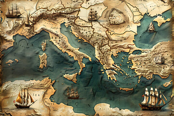 Vintage Map of the Mediterranean with Sailing Ships
