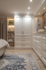 Luxurious bedroom with built-in white wardrobes, drawers, and soft rug.