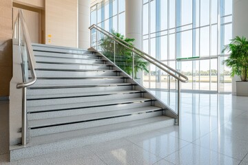 Fototapeta premium Elegant polished steel handrails guiding the way along a modern staircase, showcasing sleek design and craftsmanship.