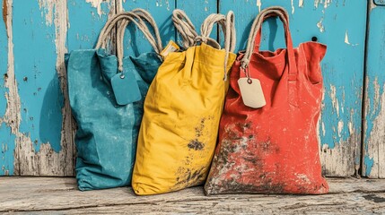 Three colorful bags hang on blue weathered wood.
