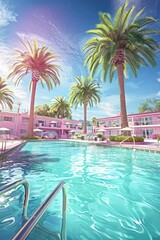 Fototapeta premium Pink Hotel Poolside Paradise Palm Trees and Sunshine