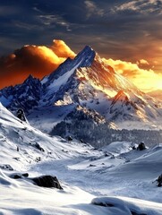 Obraz premium A stunning mountain landscape at sunset, with snow-covered terrain and dramatic clouds illuminating the sky.