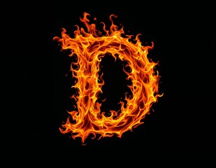 A fiery letter D formed by burning flames. Abstract image with vibrant colors set against a stark black backdrop.