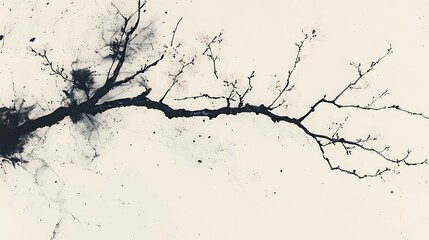 Obraz premium Minimalist ink wash painting of cherry blossoms in full bloom, delicate black branches with soft pink flowers, set against a textured off-white background, serene and elegant composition, hd quality,