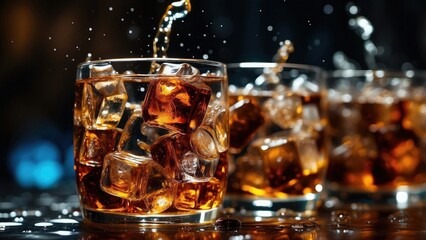 Ice cubes in cola water, up close. The feel of a fizzy beverage with bubbles in the glass. Ice with cola soda may float, bubble, or splash to the top. Background of a cold drink 