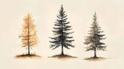 Fototapeta premium Minimalist line drawings of a pine tree, oak tree, and birch tree, each accented by muted watercolor gradients in earthy tones, set on a light cream background, airy and elegant, hd quality.