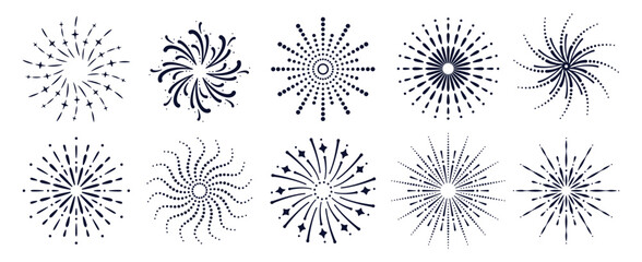 Obraz premium Exploding Festival Fireworks with Stars and Sparks. Firecracker, Confetti, Sparkler, Salute, Petard. Celebration and holiday icons for greeting card, holiday banner, poster, flyer. Vector isolated