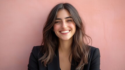Naklejka premium Happy Female Businesswoman Smiling Against Pink Background