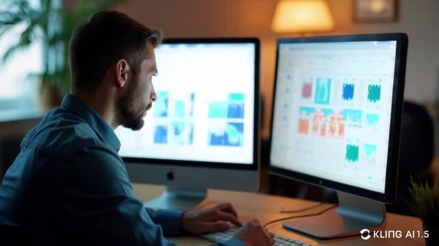 businessman working on a computer analyzing marketing data on a screen