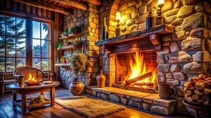 Fototapeta premium A Pixelated Stone Fireplace with a Crackling Fire Surrounded by Cozy Rustic Decor in a Warmly Lit Room, Perfect for Winter Evenings and Relaxation in a Homey Setting