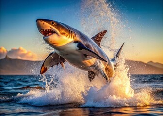 Obraz premium A Powerful Great White Shark Breaching the Ocean Surface in a Fierce Predatory Attack Displaying Sharp Teeth and Aggressive Hunting Behavior in its Natural Marine Habitat