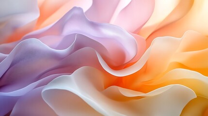 Obraz premium Overlapping petal shapes forming a dynamic abstract pattern, soft muted tones of pale yellow, lavender, and coral blending naturally, set against a clean white canvas, hd quality. --ar 16:9