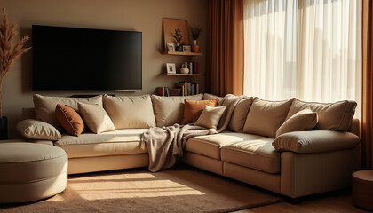 Cozy Living Room with Neutral Tones and a Large Sofa