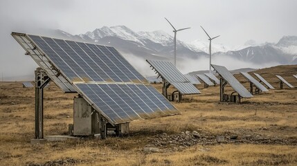 Solar panels and wind turbines in a mountainous landscape.