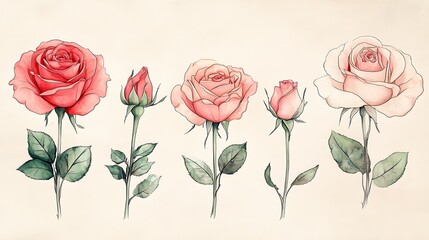 Obraz premium Sequential stages of a rose bloom illustrated in black line art, subtle gradient watercolor accents in blush and green, set against a soft textured off-white background, hd quality, serene and modern.
