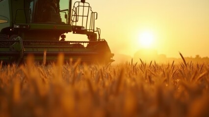 Fototapeta premium Combine Harvester in Sunlit Wheat Field