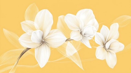 Fototapeta premium Simplistic orchid flowers with flowing petals drawn in white line art, placed on a muted pastel yellow background, evoking warmth and tranquility, hd quality, modern botanical art style. --ar 16:9