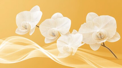 Naklejka premium Simplistic orchid flowers with flowing petals drawn in white line art, placed on a muted pastel yellow background, evoking warmth and tranquility, hd quality, modern botanical art style. --ar 16:9