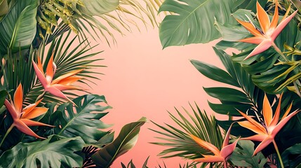 Naklejka premium Simplistic palm fronds and monstera leaves in bold green hues, highlighted with splashes of orange from bird-of-paradise flowers, set against a muted pastel coral background, minimalist and fresh,