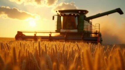 Fototapeta premium Combine Harvester in Sunlit Wheat Field