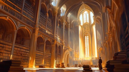 A majestic library bathed in golden light, showcasing towering shelves and an inspiring atmosphere for knowledge seekers.