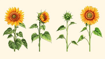 The life stages of a sunflower, from budding to full bloom, rendered in thin black outlines with subtle yellow and green highlights, set on a neutral cream backdrop, elegant and refined, hd quality.