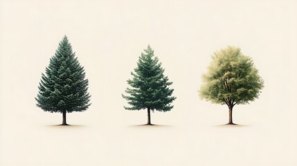 Fototapeta premium Trio of minimalist tree sketches—pine, oak, and birch—with faint earthy gradients of green and brown, smooth cream-colored background, hd quality, Scandinavian-inspired style. --ar 16:9