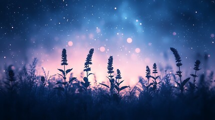 Wildflower silhouettes illuminated softly against a rich navy background with a hint of lavender gradient, scattered specks resembling distant stars, minimalist and enchanting, hd quality. --ar 16:9