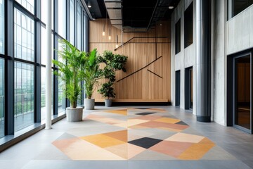 Obraz premium Geometric patterns in the flooring of a modern architectural space, showcasing intricate designs and vibrant colors.