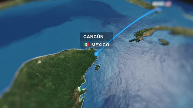 Vibrant 3D animated travel map illustrating a flight route between Miami and Cancun. Perfect for tourism, travel promotions, and corporate presentations.