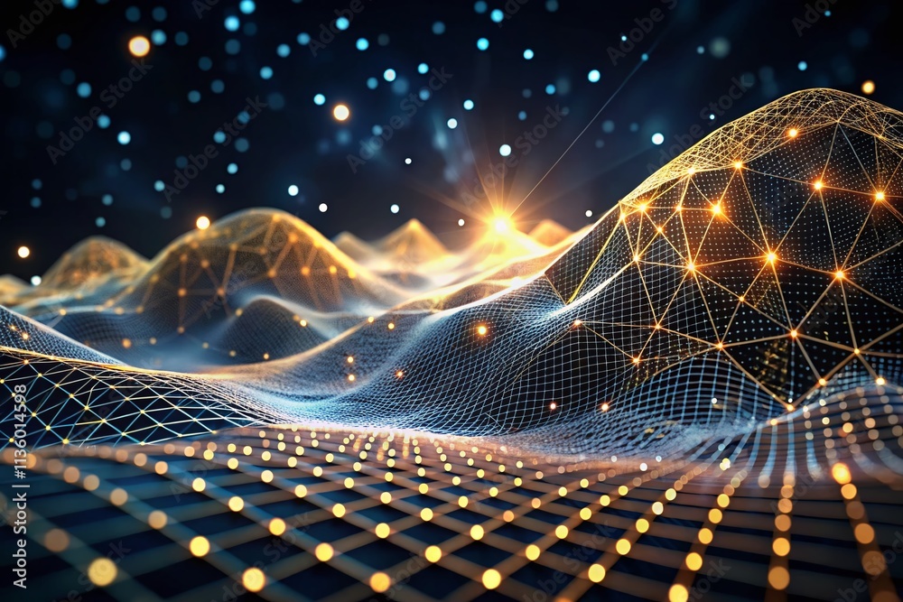 Poster abstract 3d wave of particles in black geometric landscape representing big data visualization and m
