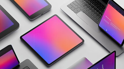 Top view of various digital devices; laptops, tablets, smartphones on white background.