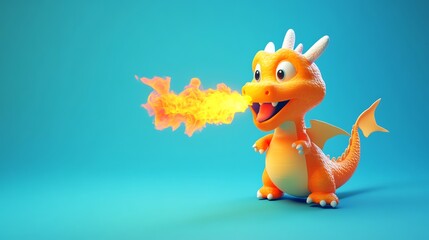 Obraz premium A cute, cartoon dragon breathes fire.