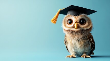 A cute owl wearing a graduation cap, against a light blue background.
