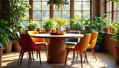 Fototapeta premium Modern Dining Room with Colorful Chairs and Plants