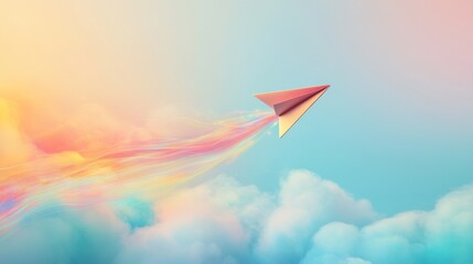 Soaring paper airplane adventure dreamy cloudscape digital art vibrant colors upward perspective imagination unleashed