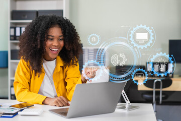 Learning online working concept. Businesswoman working on tablet and laptop computer, searching working in office.