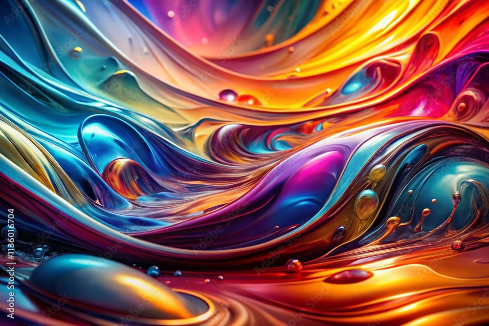 Poster abstract design with vibrant colors and smooth textures, featuring dynamic fluid shapes and glossy r