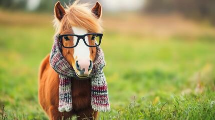 A brown horse wearing glasses and a scarf looks at the camera.
