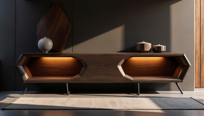 Modern Wooden TV Unit with Unique Design and Lighting