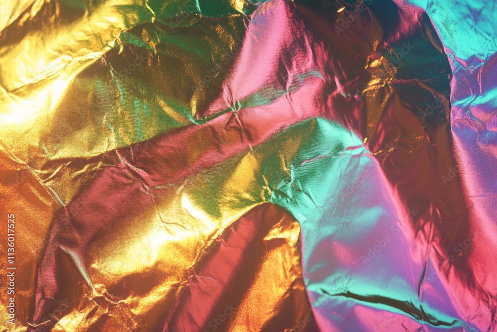 Poster textured holographic gold foil with rainbow effects creates a vibrant visual display with intricate 