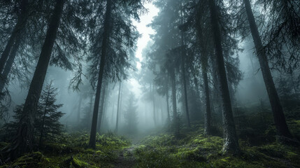 A moody with a low-hanging fog creeping between tall pine trees, creating a mysterious ambiance.