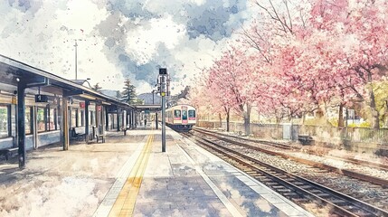 Fototapeta premium Tranquil Train Station Scene Under Cherry Blossoms