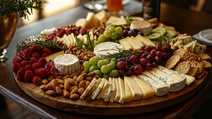 A luxurious cheese board filled with different types of cheese, fruits, nuts, and crackers arranged beautifully.