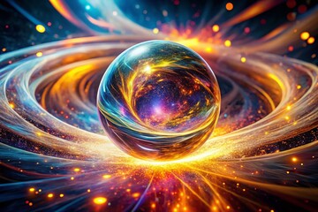 Abstract Glowing Orb with Swirling Energy and Particles Captured by Drone Photography in a Mystical Environment, Showcasing Vibrant Colors and Dynamic Movement